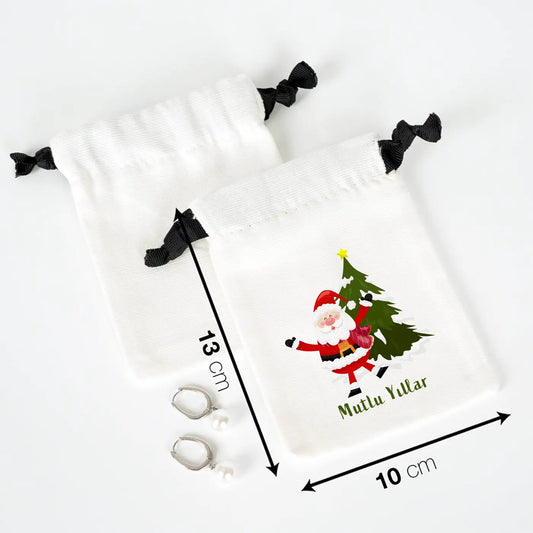 Yeni Yıla Özel Siyah İpli Bez Kese - Beyaz Panama Kumaş