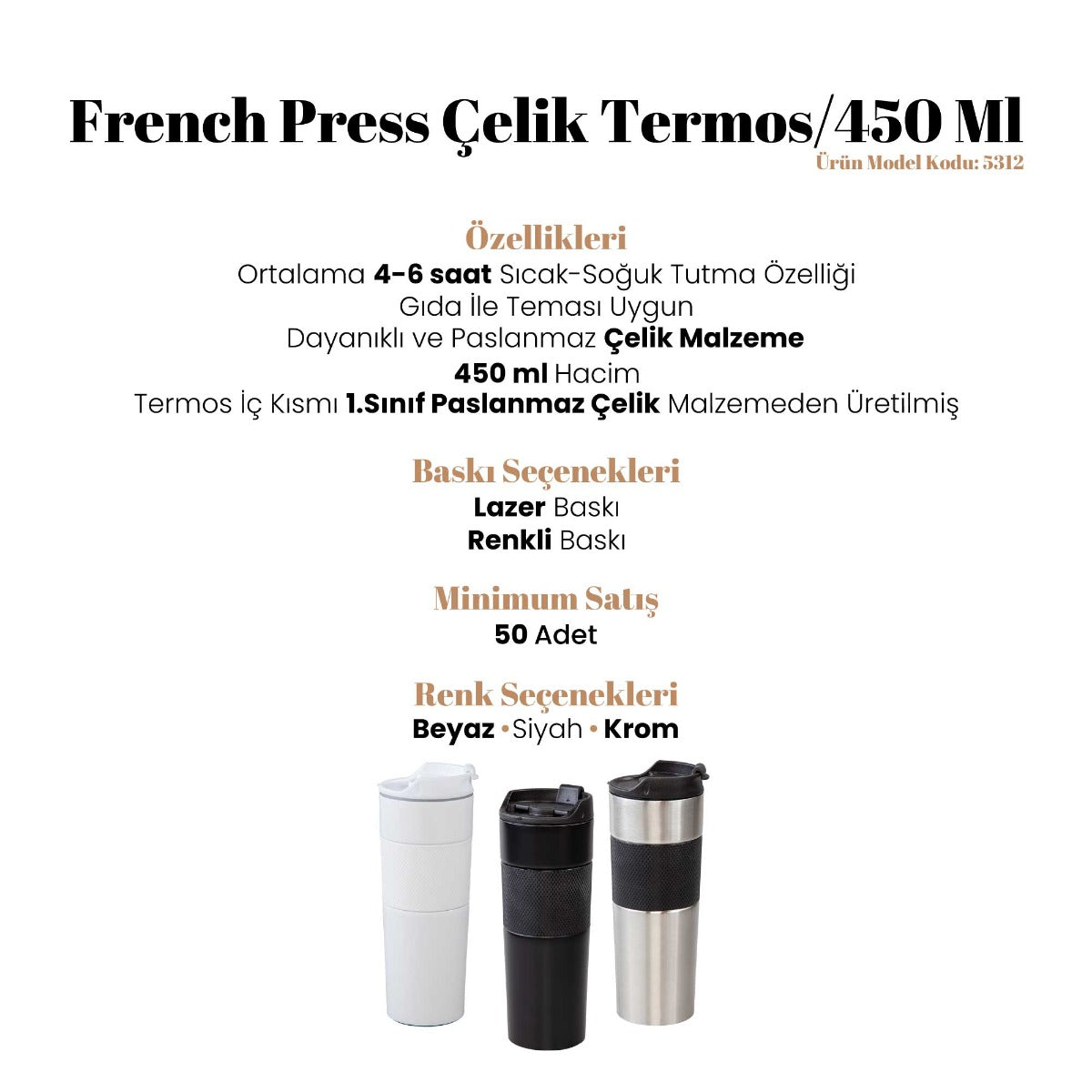 French Press Çelik Termos / 450 Ml - 5312 - istecanta.com