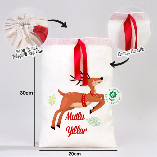 Yılbaşı Özel Bez Kese Kırmızı Kurdelalı - 20x30 cm (Özelleştirilebilir)
