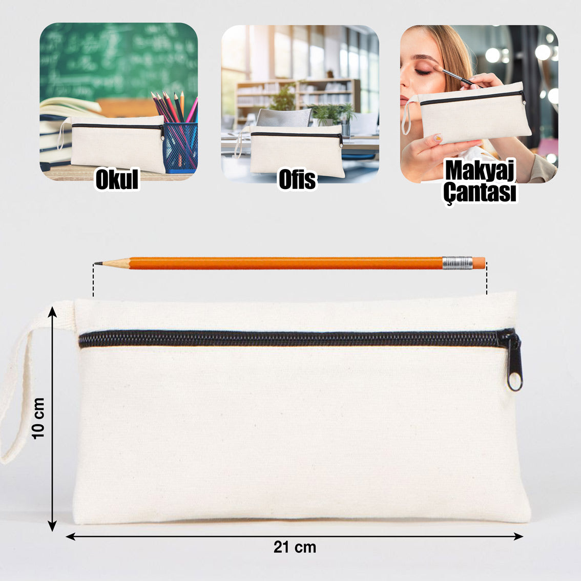 Önden Fermuarlı Bez Kalemlik 21x10 cm (Özelleştirilebilir) - istecanta.com