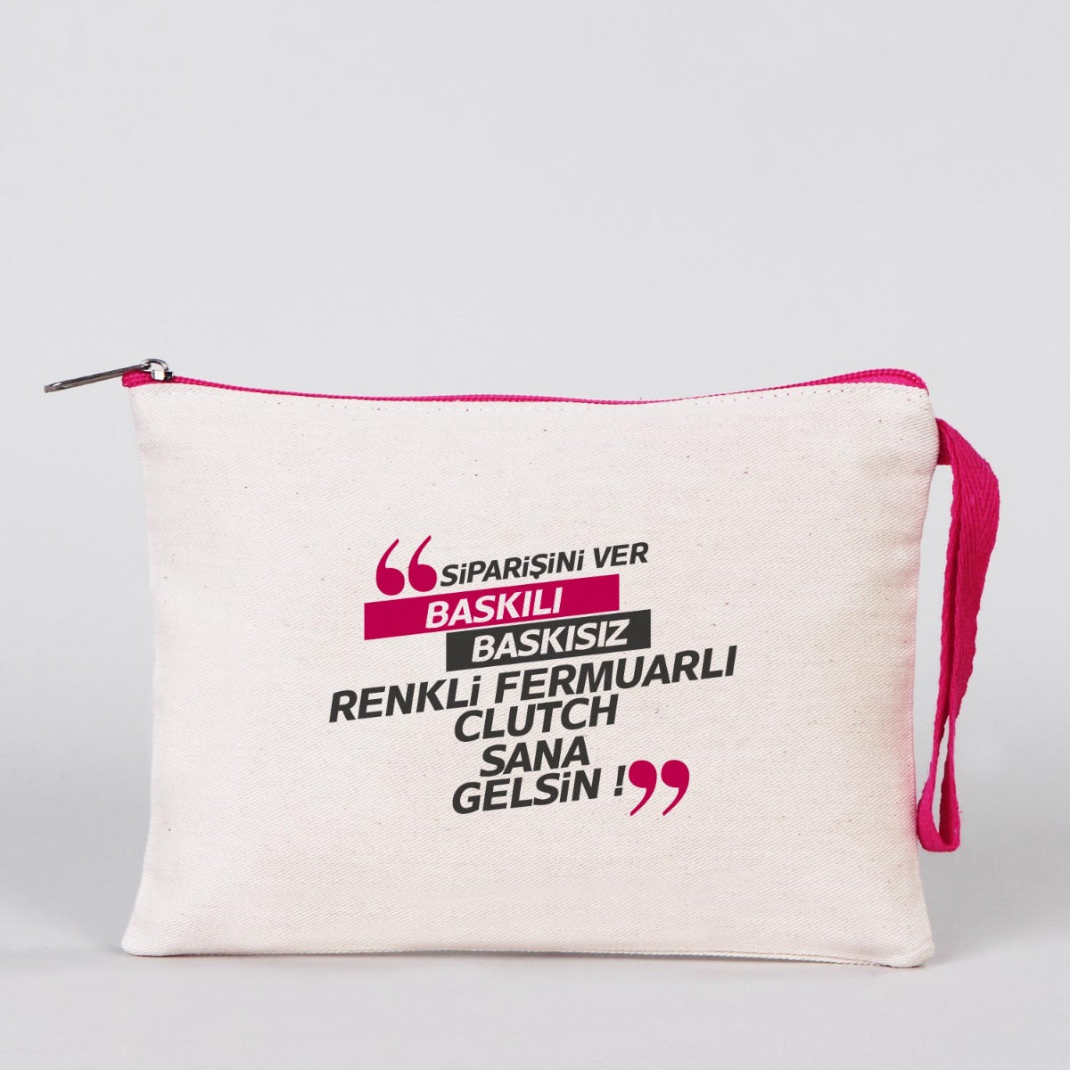 Karne Günü Desenli Clutch – Fuşya Fermuarlı 21×15 cm (Özelleştirilebilir)