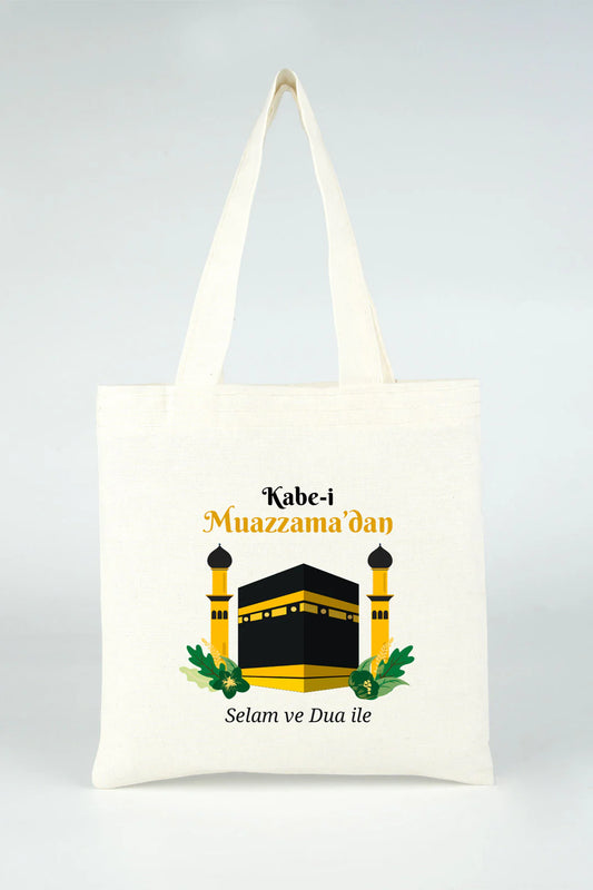 23x23 cm Dualarımıza Sizi de Ekledik | Hac ve Umre Hediyelik Ham Bez Çanta - detay görünüm