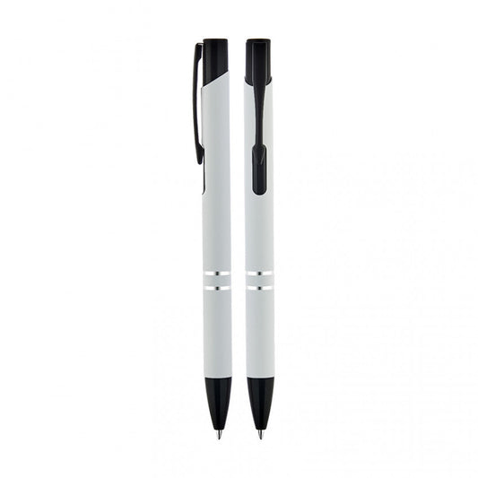 Metal tükenmez kalem 1120, beyaz gövdeli siyah detaylı promosyon kalem modeli.