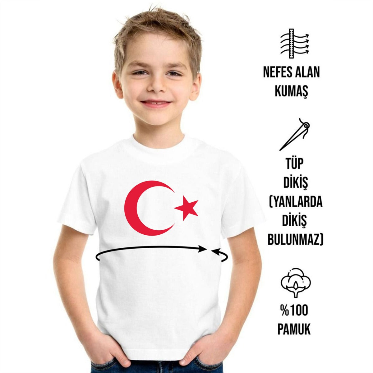 29 Ekim Ay Yıldız Baskılı Promosyon Çocuk Tişört - Beyaz - istecanta.com