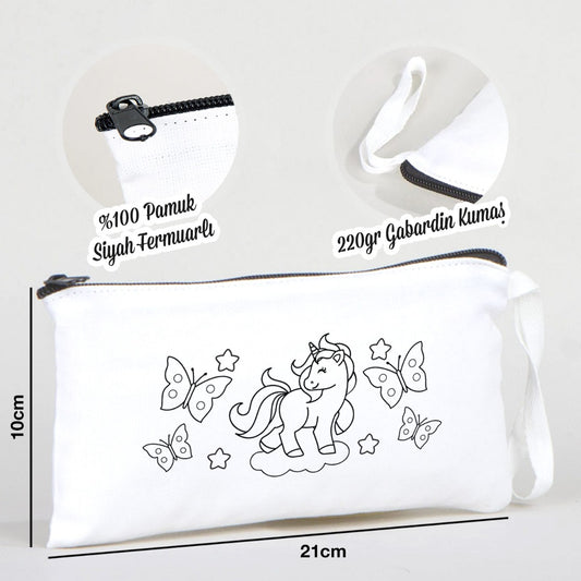 Boyanabilir Bez Kalemlik - Büyülü Unicorn ve Uçuşan Kelebekler - istecanta.com