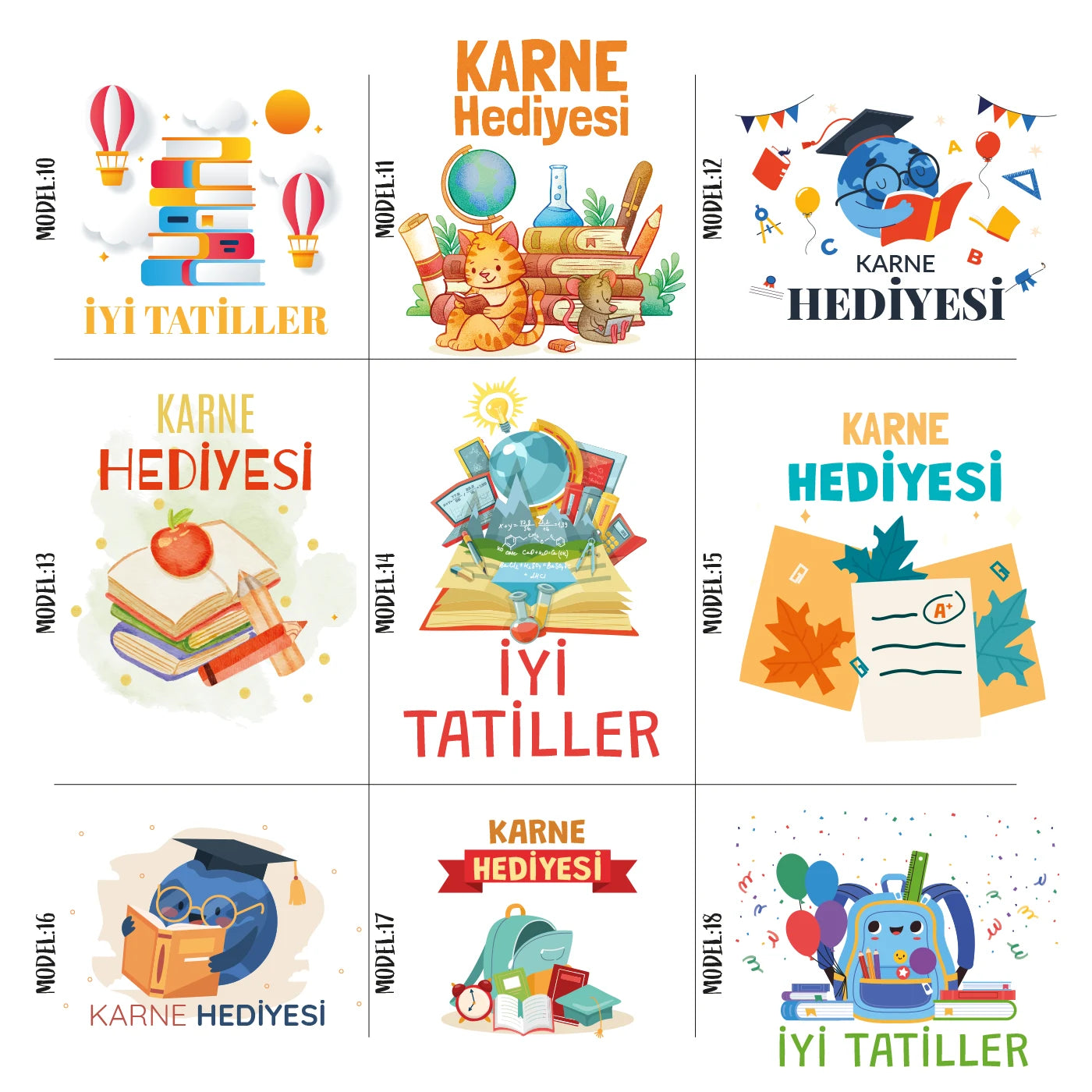 Karne günü temalı özelleştirilebilir portföy çanta desenleri, sınıf bilgisi ve karne hediyesi yazılı renkli okul tasarımları