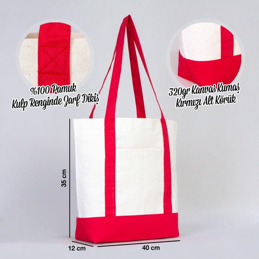 Trend Kanvas Çanta 40x35x12cm - Kırmızı Renkli Kulp - istecanta.com