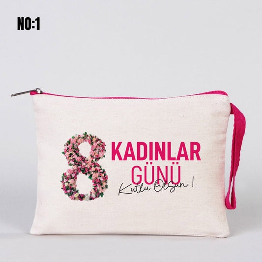 Kadınlar Günü Renkli Fermuarlı Clutch 21x15 cm - detay görünüm