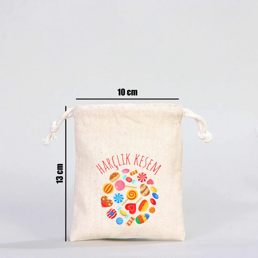 10x13 cm ölçülü pamuk büzgülü kese, şeker ve çikolata desenli “Harçlık Kesem” baskılı Ramazan Bayramı hediye kesesi.