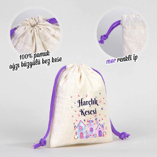 10x13 Mor İpli Bez Kese – Bayram Harçlık Kesesi