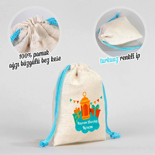 10x13 Turkuaz İpli Bez Kese – Bayram Harçlık Kesesi
