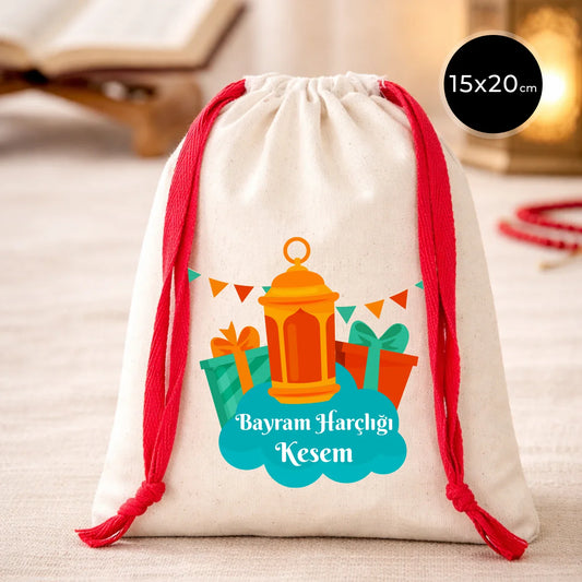 15x20 cm Renkli İp Kırmızı Bez Kese – Bayram Harçlık Kesesi
