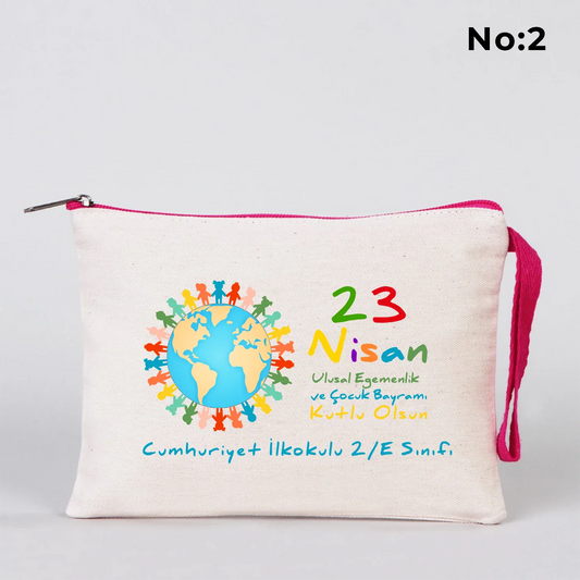 21x15 cm Fuşya Fermuarlı Kalemlik - 23 Nisan Hediyesi (Okul-Sınıf Baskılı) - detay görünüm