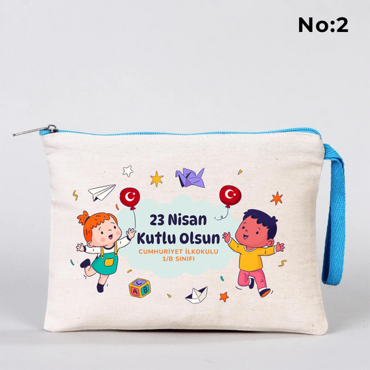 21x15 cm Turkuaz Fermuarlı Kalemlik - 23 Nisan Hediyesi (Okul-Sınıf Baskılı) - detay görünüm