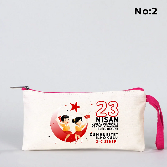 21x10 cm Fuşya Fermuarlı Bez Kalemlik - 23 Nisan Hediyesi (Okul-Sınıf Baskılı) - detay görünüm