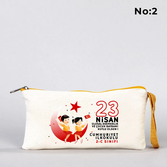 21x10 cm Sarı Fermuarlı Bez Kalemlik - 23 Nisan Hediyesi (Okul-Sınıf Baskılı) - detay görünüm