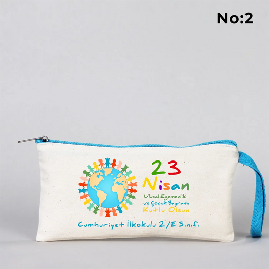 21x10 cm Turkuaz Fermuarlı Bez Kalemlik - 23 Nisan Hediyesi (Okul-Sınıf Baskılı) - detay görünüm