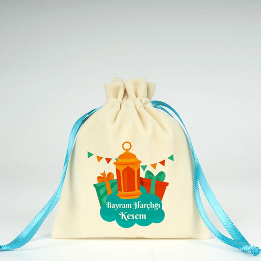 10x13 cm Turkuaz Renk İp Kadife Gül Kese - Bayram Harçlık Kesesi