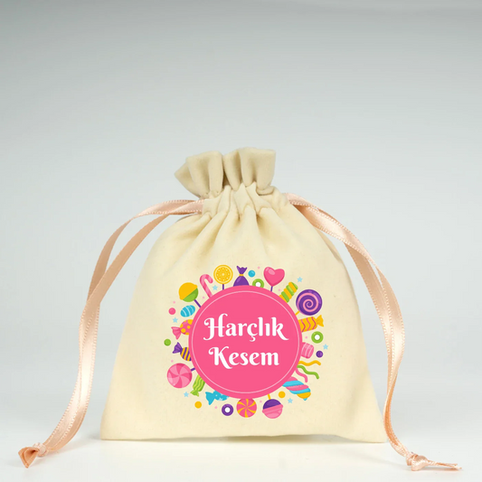 10x13 cm Pudra Renk İp Kadife Gül Kese - Bayram Harçlık Kesesi