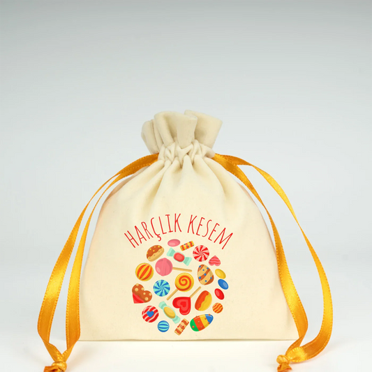 10x13 cm Turuncu Renk İp Kadife Gül Kese - Bayram Harçlık Kesesi