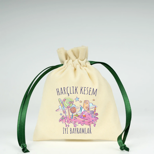 Kadife Gül Kese 10x13 cm Yeşil Renk İp - Bayram Kesesi