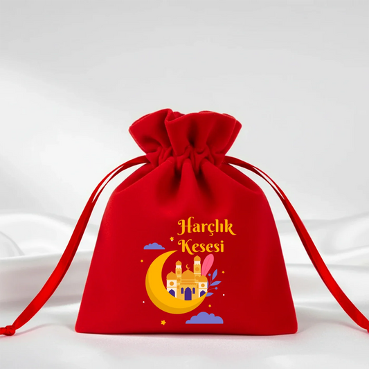 10x13 cm Kırmızı Kadife Gül Kese - Bayram Harçlık Kesesi