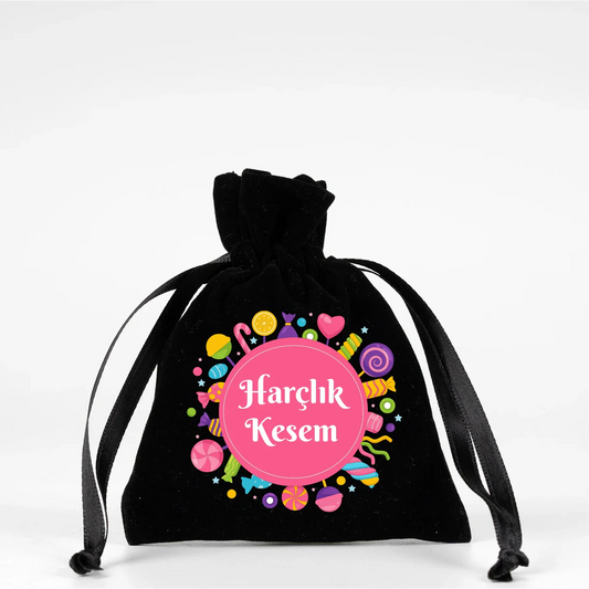 10x13 cm Siyah Kadife Gül Kese - Bayram Harçlık Kesesi