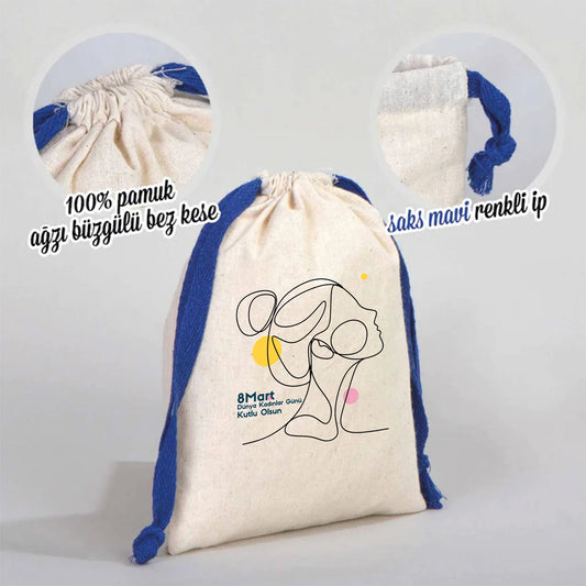 15x20 cm Renkli İp Saks Mavi Bez Kese – Kadınlar Günü Hediyesi