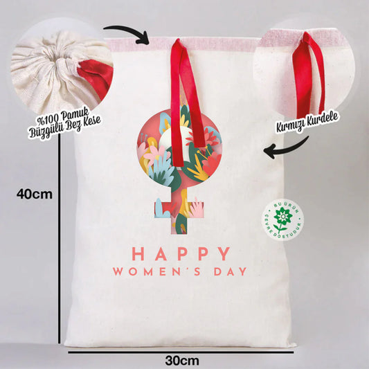 30x40 Kırmızı Kurdelalı Bez Kese – Kadınlar Günü Hediyesi