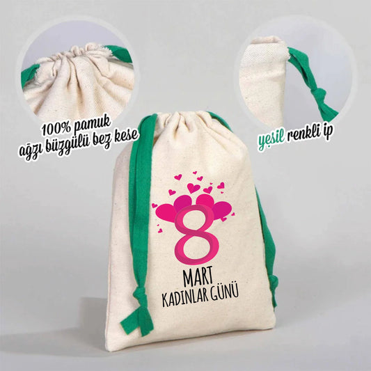 15x20 cm Bez Kese Yeşil İpli - Kadınlar Günü Hediyesi