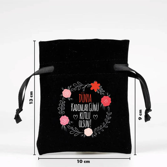 10x13 cm Siyah Kadife Gül Kese - Kadınlar Günü Hediyesi