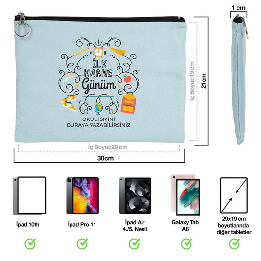 Açık mavi karne günü temalı portföy çanta 30×21 cm, okul figürlü ve özelleştirilebilir karne hediyesi tasarımı