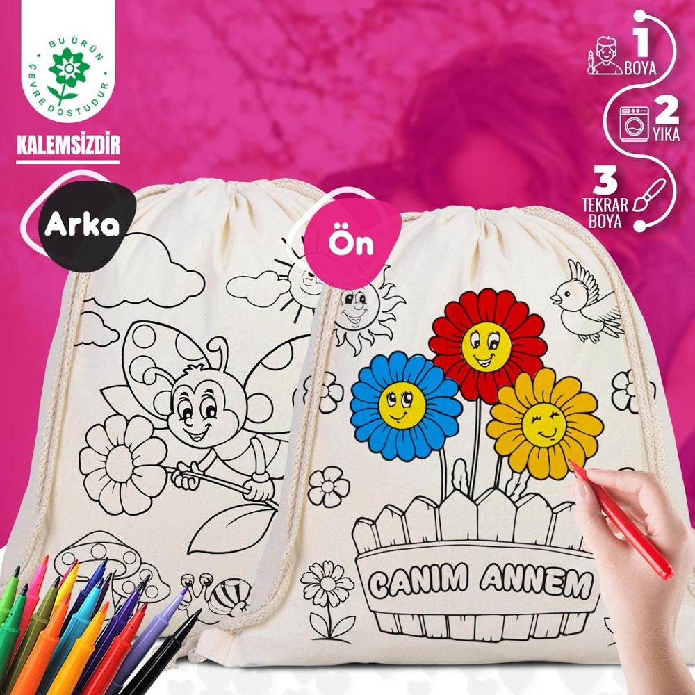 Canım Annem Boyanabilir Büzgülü Bez Çanta - 35x40cm - istecanta.com