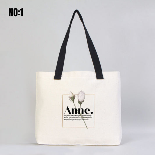 Anneler Gününe Özel Kanvas Alışveriş/Market Çantası 45x35x8 cm - Dıştan Örgü Kulp Siyah - istecanta.com