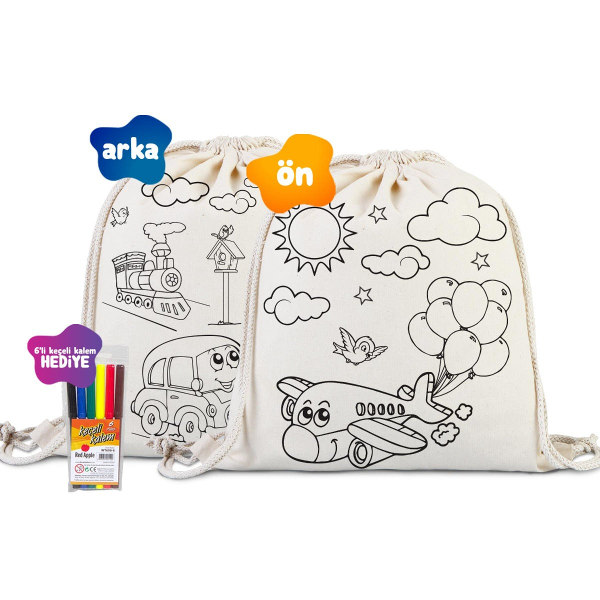 Boyanabilir Araba Uçak Büzgülü Bez Çanta - Kalemli - istecanta.com