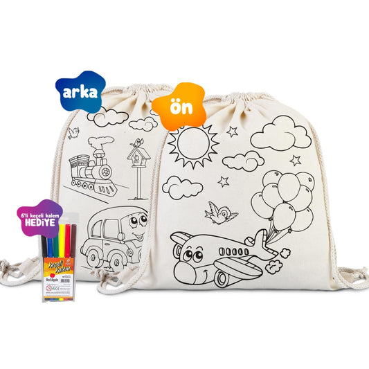 Boyanabilir Araba Uçak Büzgülü Bez Çanta - Kalemli - istecanta.com