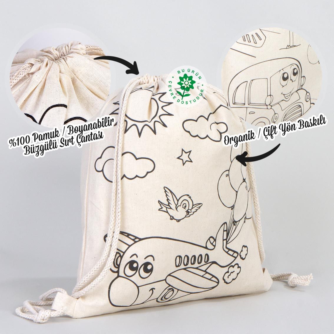 Boyanabilir Araba Uçak Büzgülü Bez Çanta - Kalemli - istecanta.com