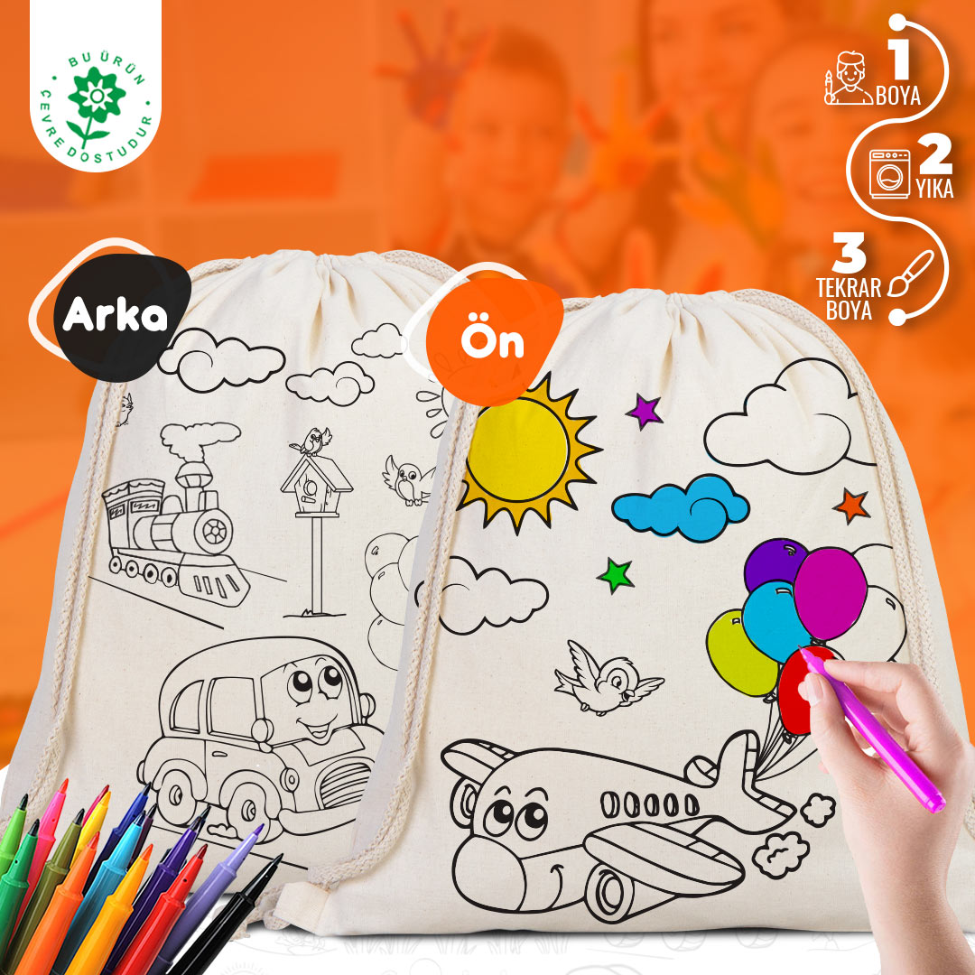 Bammerz İp Büzgülü Bez Sırt Çantası 35X40 cm Araba-Uçak - istecanta.com