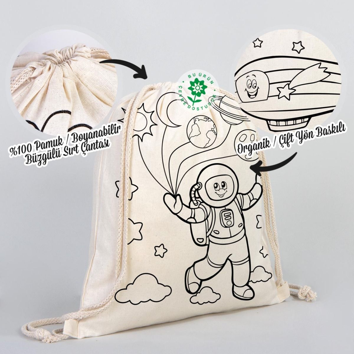 Boyanabilir Astronot/Zeplin Büzgülü Bez Çanta - Kalemli - istecanta.com