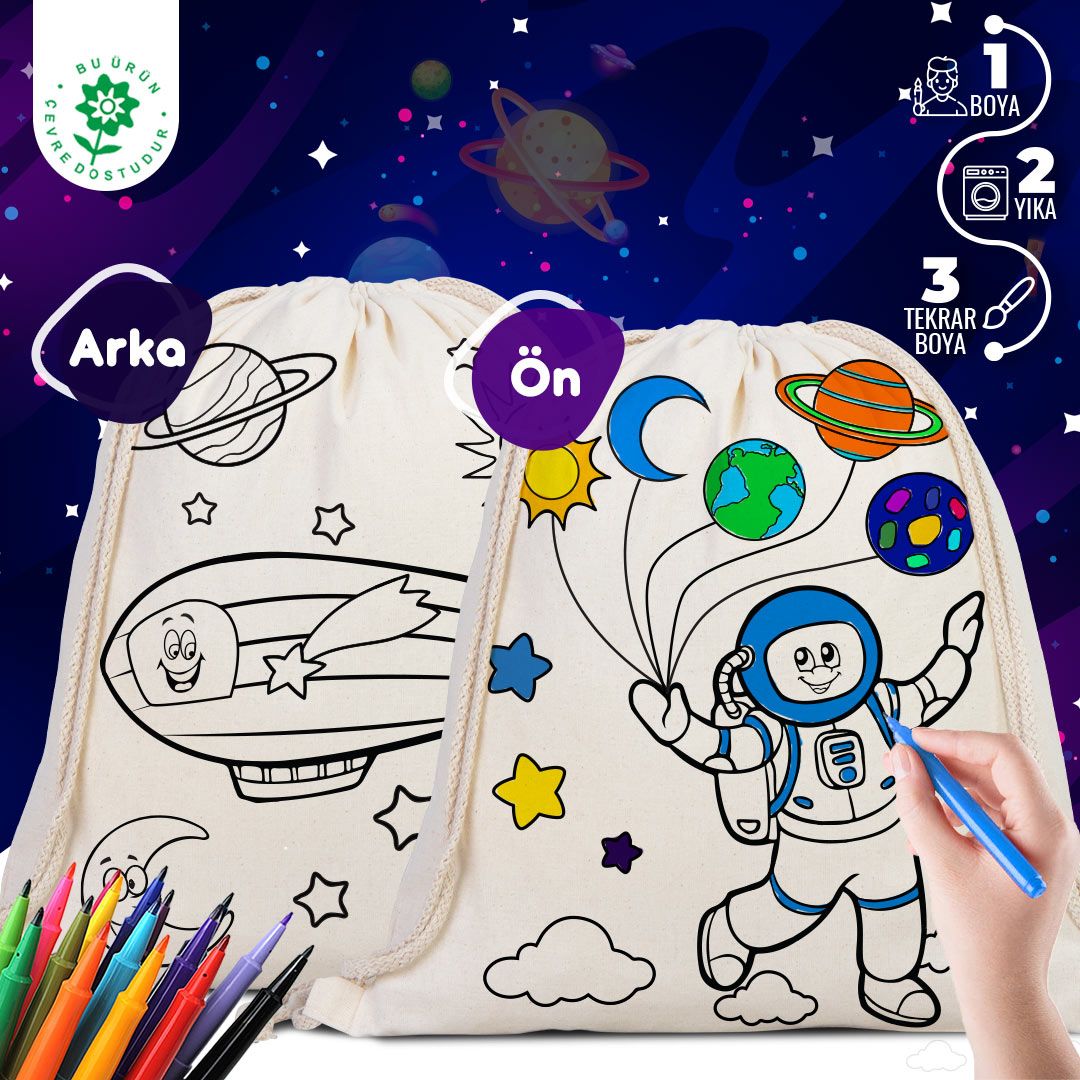 Boyanabilir Astronot/Zeplin Büzgülü Bez Çanta - Kalemli - istecanta.com