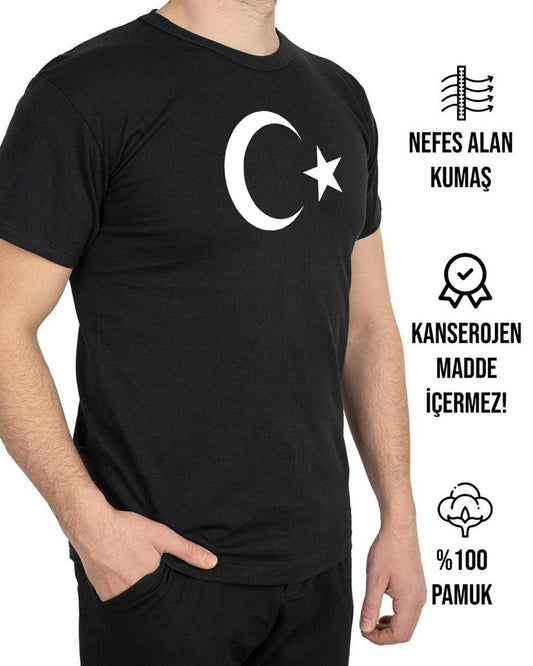 Ay Yıldız Baskılı Siyah Promosyon Tişört - 1000 Adet - Tek Renk Baskı - detay görünüm