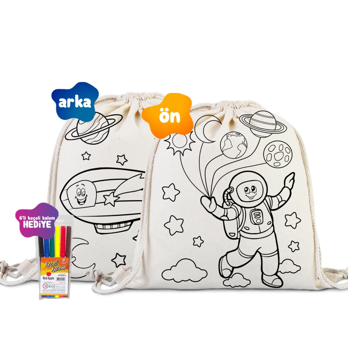 Boyanabilir Astronot/Zeplin Büzgülü Bez Çanta - Kalemli - istecanta.com