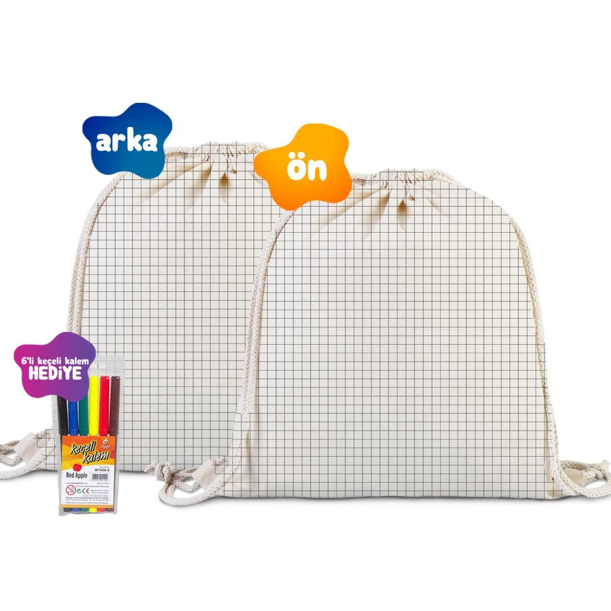 Boyanabilir Kare Kodlama Büzgülü Bez Çanta - Kalemli - istecanta.com