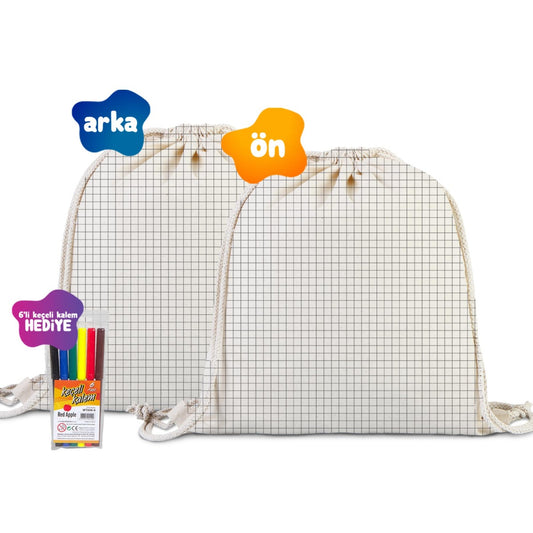 Boyanabilir Kare Kodlama Büzgülü Bez Çanta - Kalemli - istecanta.com