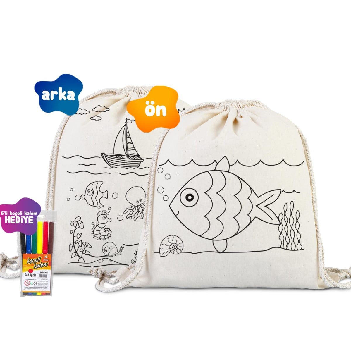 Boyanabilir Balık Kayık Büzgülü Bez Çanta - Kalemli - istecanta.com