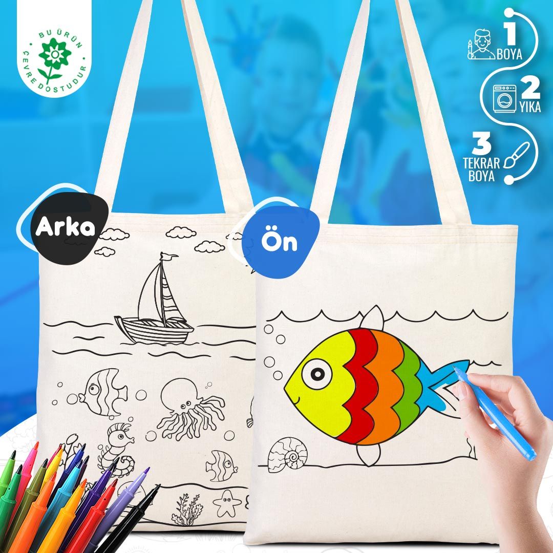 Balık - Kayık Boyanabilir Çanta - Kalemli - istecanta.com
