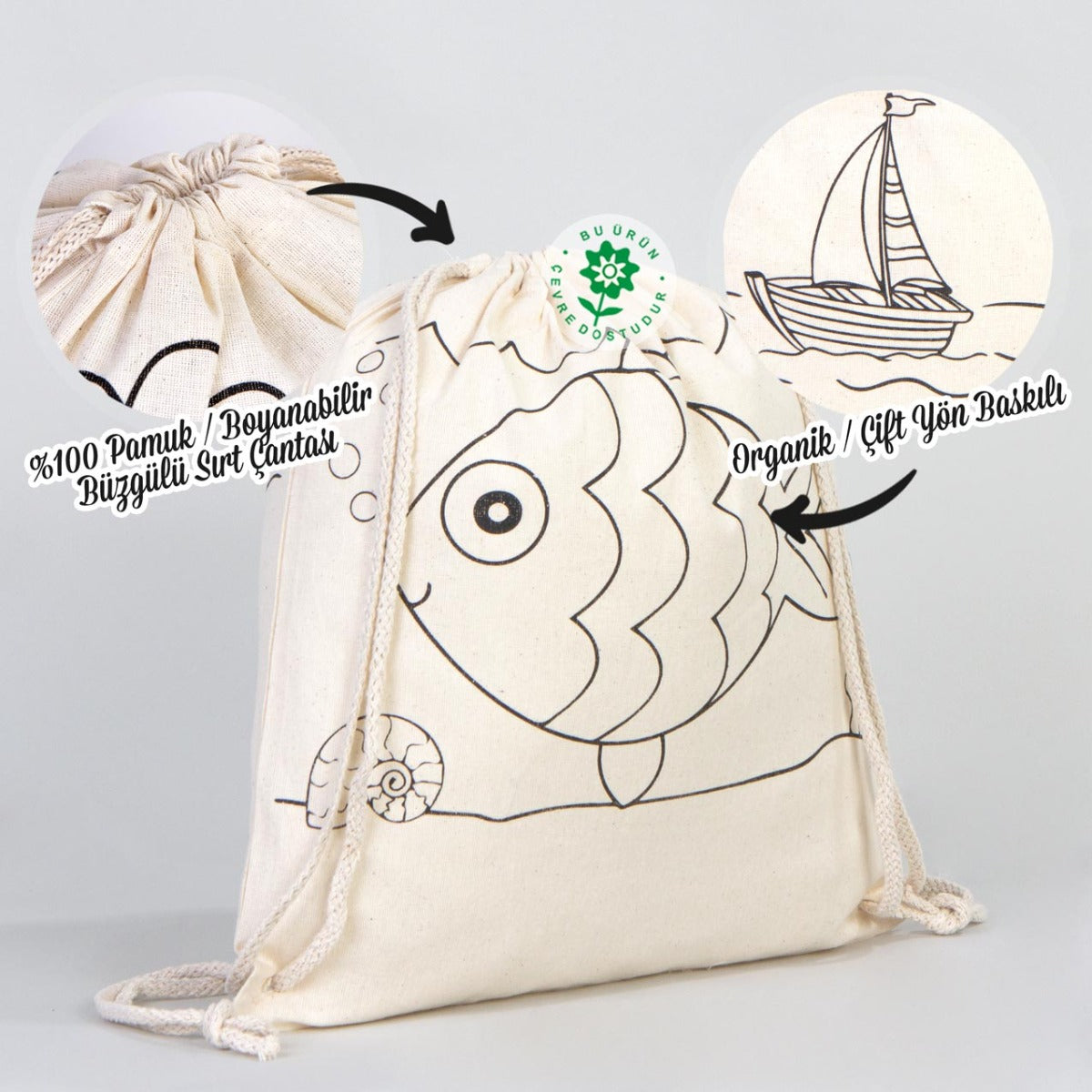 Bammerz İp Büzgülü Bez Sırt Çantası 35X40 cm Balık - Kayık - istecanta.com