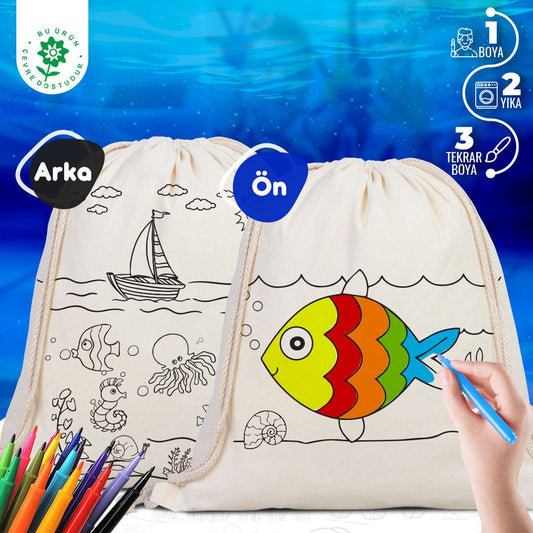 Boyanabilir Balık Kayık Büzgülü Bez Çanta - Kalemli - istecanta.com