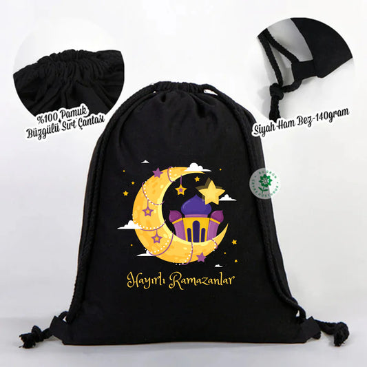 35x40 cm Siyah Bez Sırt Çantası Ham Bez Büzgülü - Bayram Sırt Çantası - detay görünüm