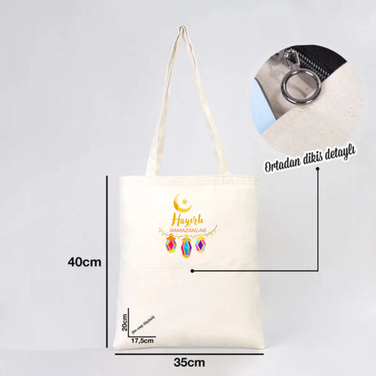 35x40 cm ölçülü cepli %100 pamuk gabardin bayram temalı çanta, 70 cm kulplu ve ortadan dikiş detaylı